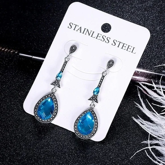 Any 3/$25! Silver & Powder Blue Crystal Gem Drop Earrings - Picture 2 of 7